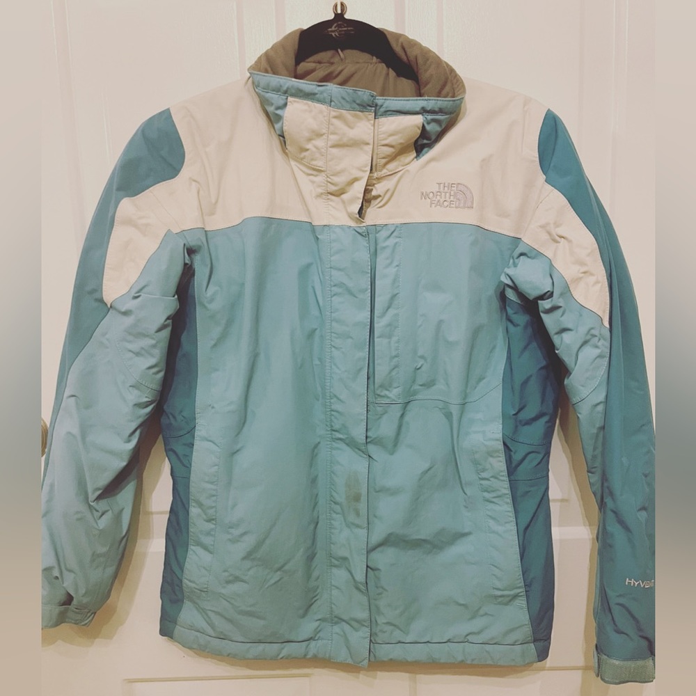 The North Face Girls Jacket Size Large blue teal cream grey ski coat